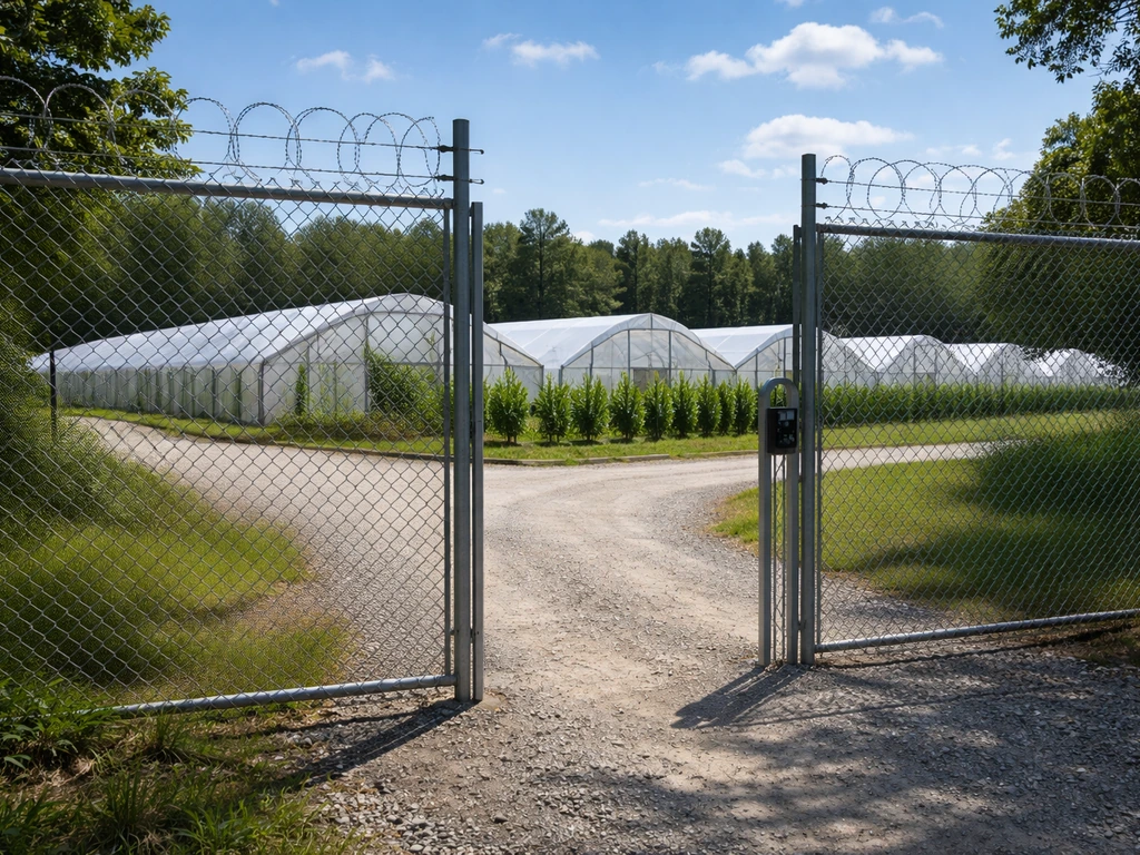 Fenced, secured cannabis grow facility with controlled access gate and tidy rows in a compliant setting.