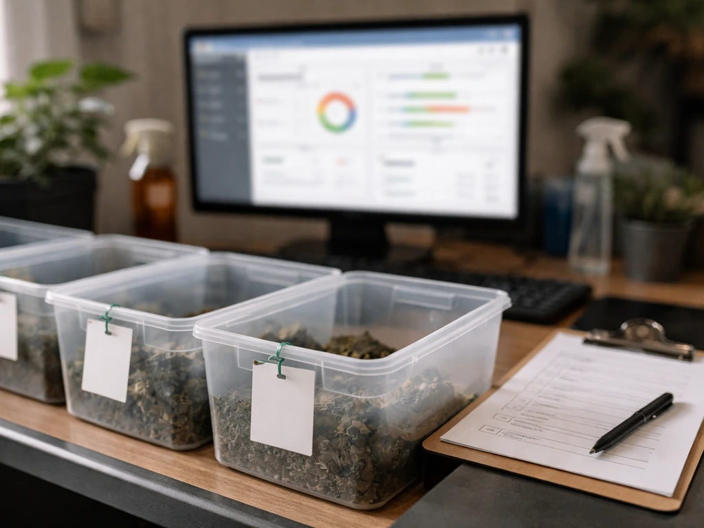 Close-up of a compliance desk with plant inventory bins and an unlabeled tracking dashboard on a computer.