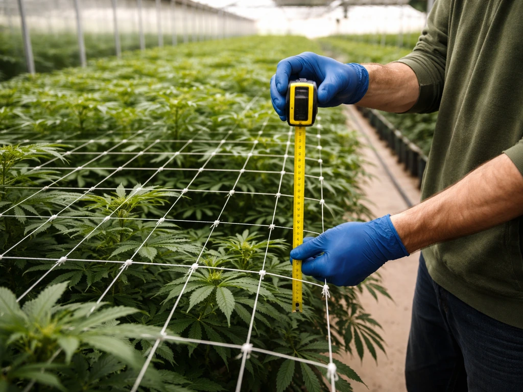 Gloved hands measuring plant canopy boundaries in a greenhouse with trellis and netted area.