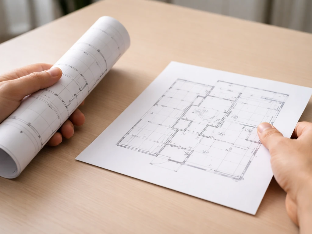 Hands holding floor plan and security plan sheets on a simple desk, showing the documents should match.