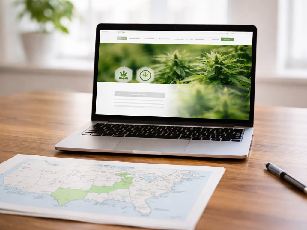 Desk scene with a US map and laptop showing a generic cannabis regulator website landing page concept.