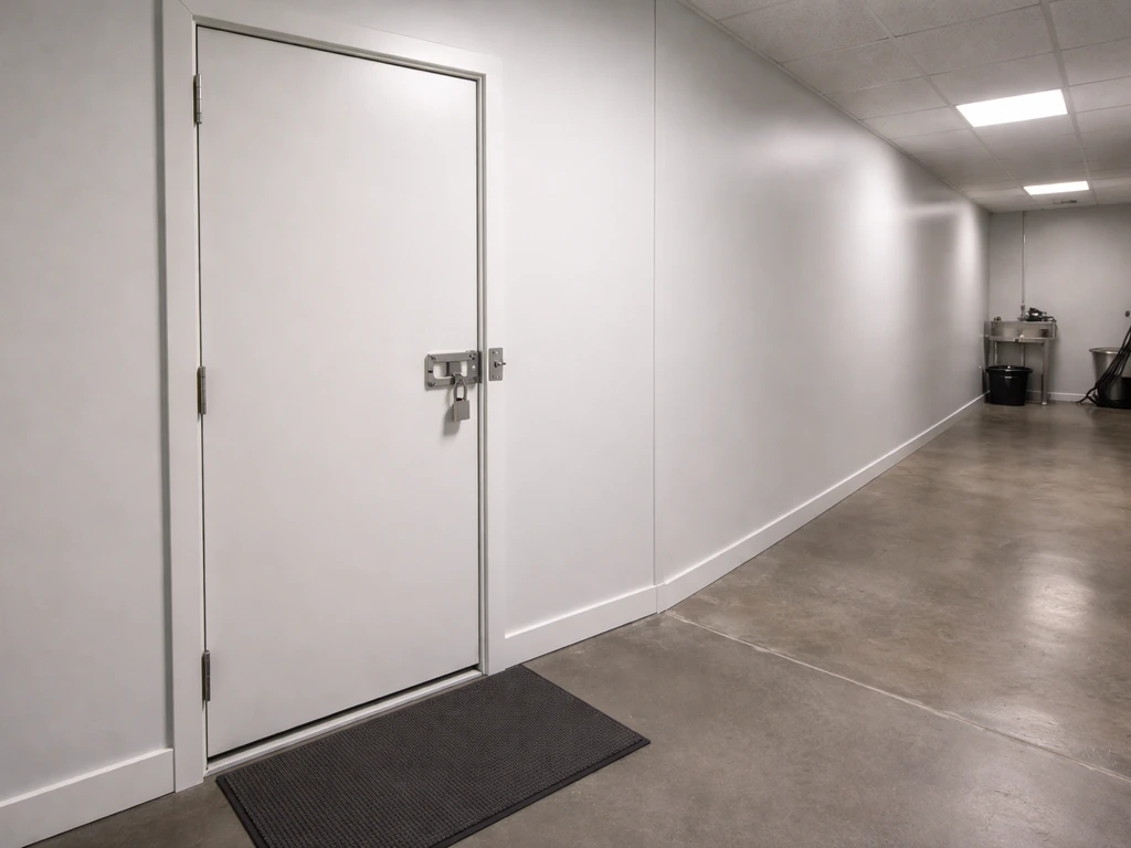 Locked indoor grow room with door and barriers separating it from the rest of the property