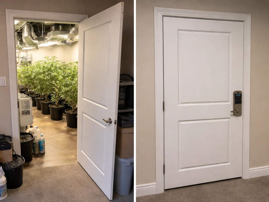 Split before/after: unlocked accessible grow area versus locked, inaccessible compliant setup behind a closed door.