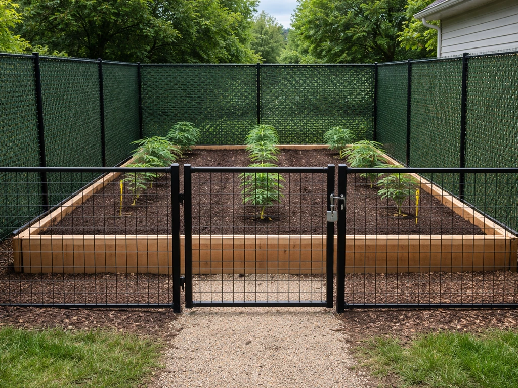 Locked, privacy-screened fenced backyard garden bed with discreet stakes and healthy outdoor plants.