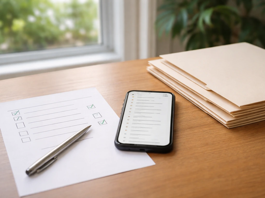 Close-up of a printed checklist beside a smartphone and blank legal folders, with plants in the background.