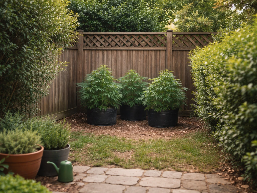 Private backyard fenced growing area with a few potted cannabis plants kept out of public view