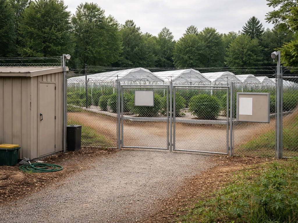 Fenced outdoor commercial grow with greenhouse-style enclosures and secure gate controls, no people.
