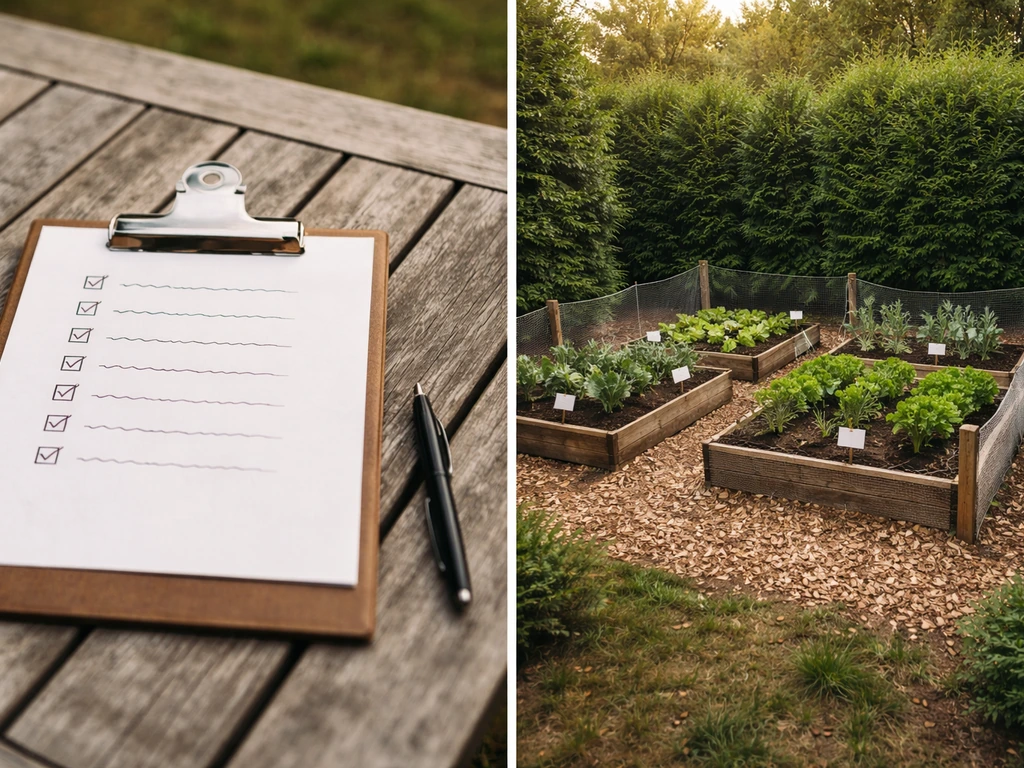Close-up checklist on a patio next to a simple, contained outdoor garden setup with natural privacy.