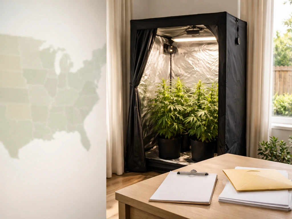 Minimal indoor cannabis grow setup paired with a blurred U.S. map fragment suggesting legal grow states.