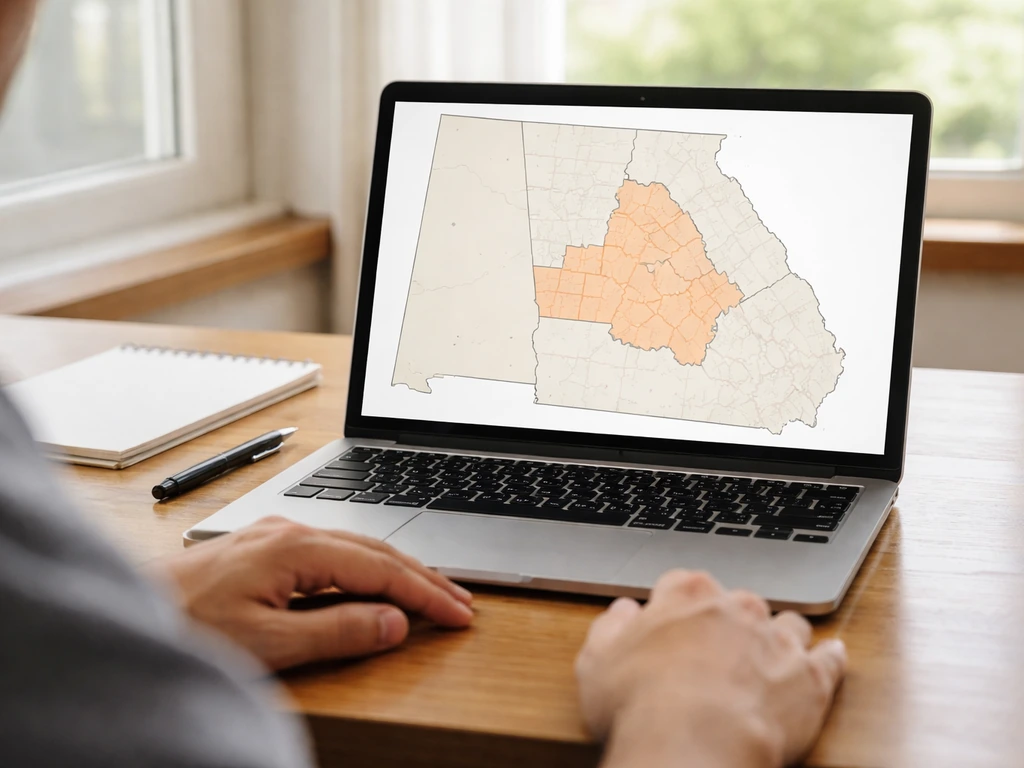 Person reviewing a simple map overlay on a laptop showing state and county layer outlines