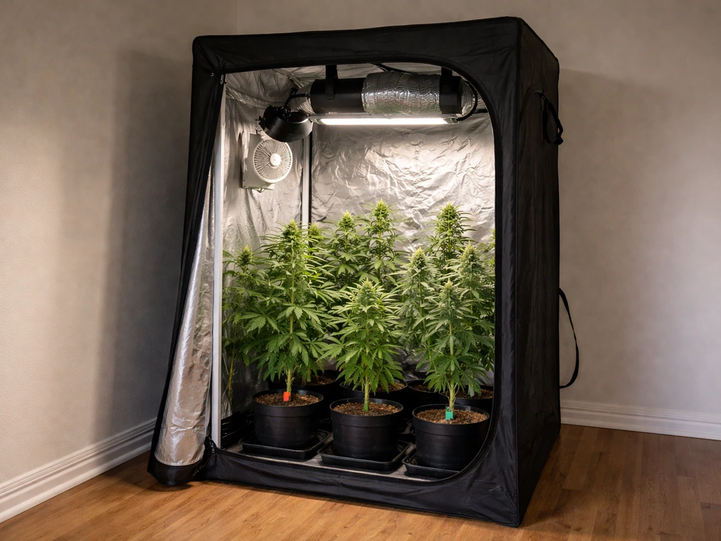 Small indoor cannabis grow tent in a Colorado home, showing several healthy plants and simple setup