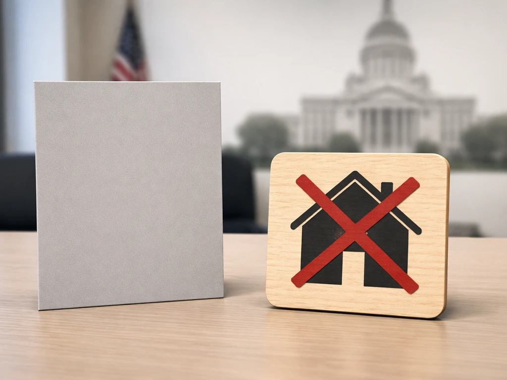 Blank regulatory notice beside a house grow icon crossed out with a red X, suggesting home cultivation not allowed.