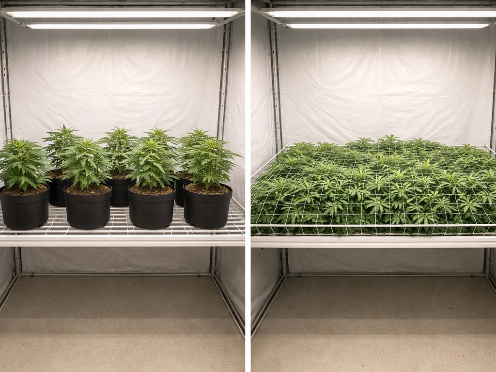 Minimal indoor grow bench showing separate potted plants versus fuller canopy coverage side-by-side.