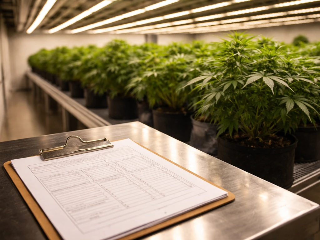 Indoor cannabis grow room with a clipboard of cultivation compliance papers and soft California daylight.