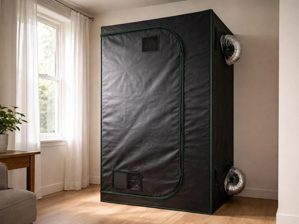 Indoor cannabis grow tent in a quiet residential room with soft natural light