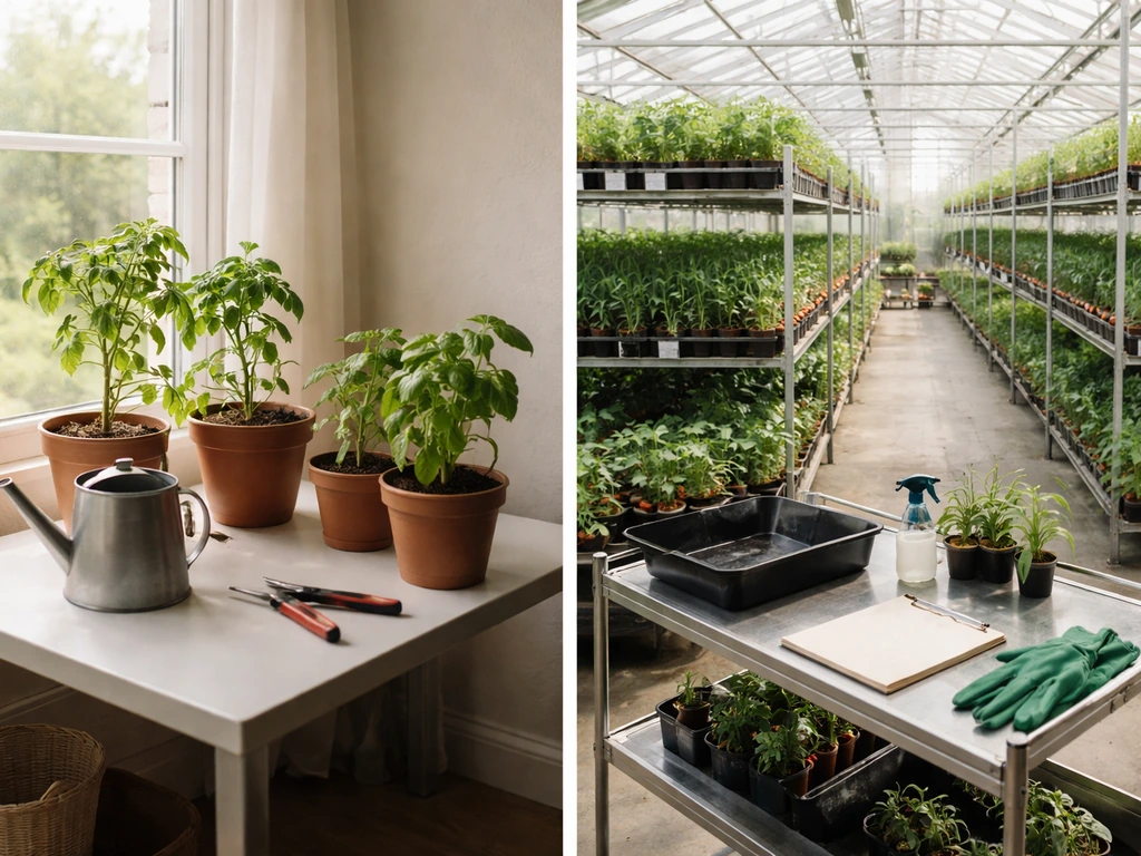 Split-screen photo: an indoor home plant setup vs a commercial greenhouse with businesslike tools.