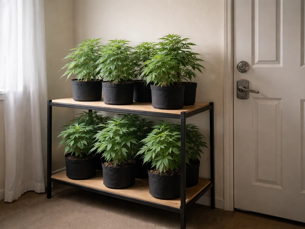Private indoor home growing setup with a secured grow area and healthy plants in pots
