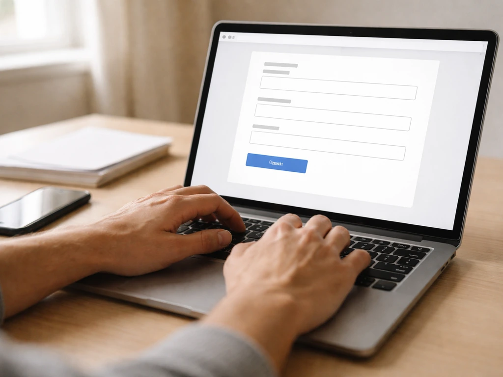 Person at a desk using a laptop to submit a cannabis cultivation license application online.