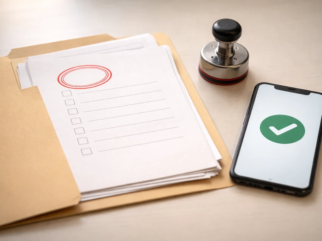 Desk close-up of stamped eligibility documents and a phone showing a checkmark verification icon.