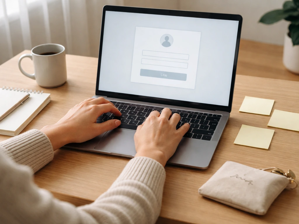Hands using a laptop on a desk with blank portal screen and step-like sticky notes, fee symbol items.