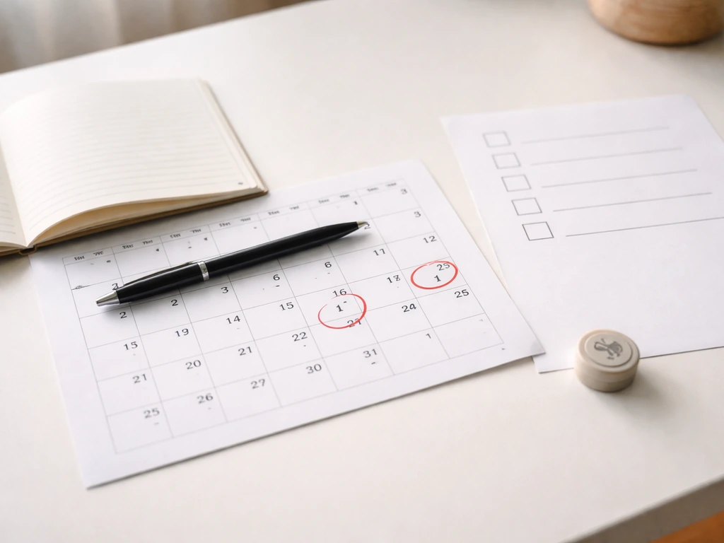 Minimal desk scene with a calendar showing July 1 and October 1, plus blank checklist and pen.