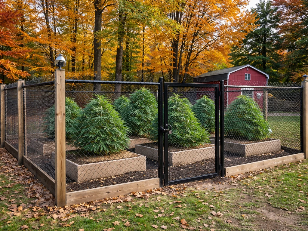 Secured fenced cannabis garden enclosure with healthy plants and Michigan autumn background, no people.