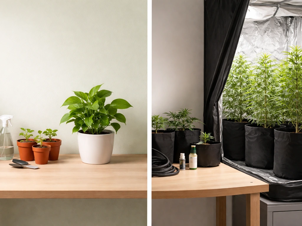 Split desk scene: few small potted plants for personal home grow vs larger grow-tent setup for commercial licensing.
