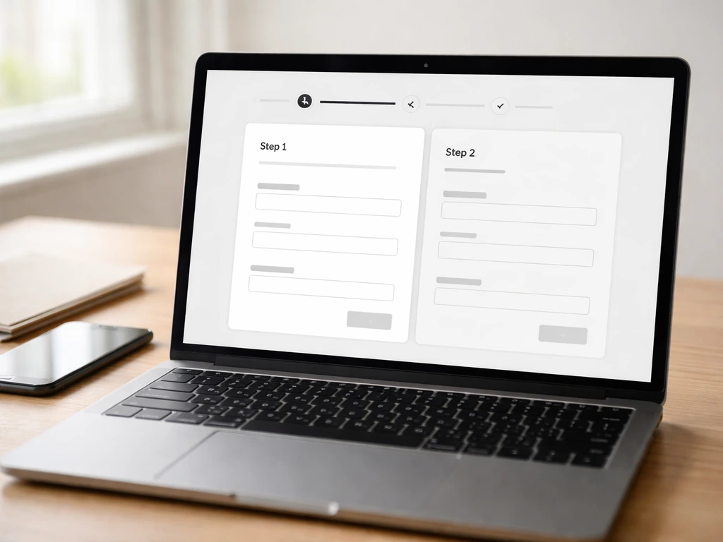 Close-up of a laptop displaying a step-based licensing portal, with a phone and papers on a desk.