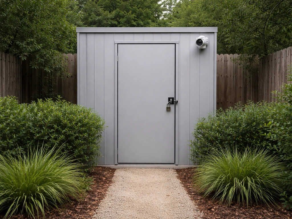 Outdoor locked enclosure with a security camera mounted, designed to avoid public visibility.