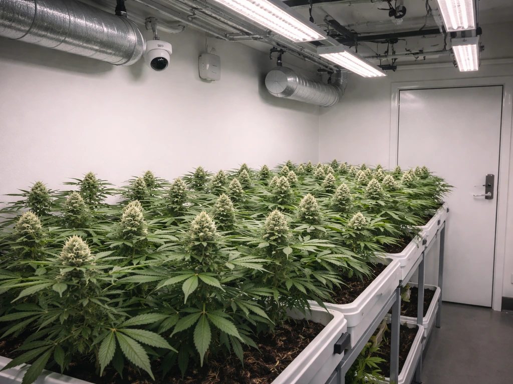 Compact indoor cannabis grow room with a visible plant canopy and discreet security sensor housing