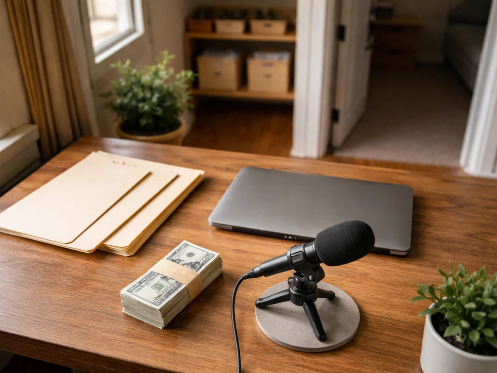 Minimal business desk with microphone and cash bundle near an open door to a small operations room.