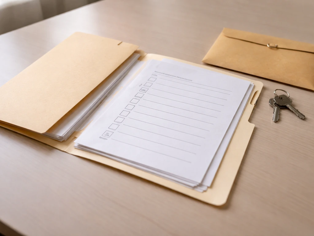 Close-up of organized background check documents and blank suitability checklist on a desk.