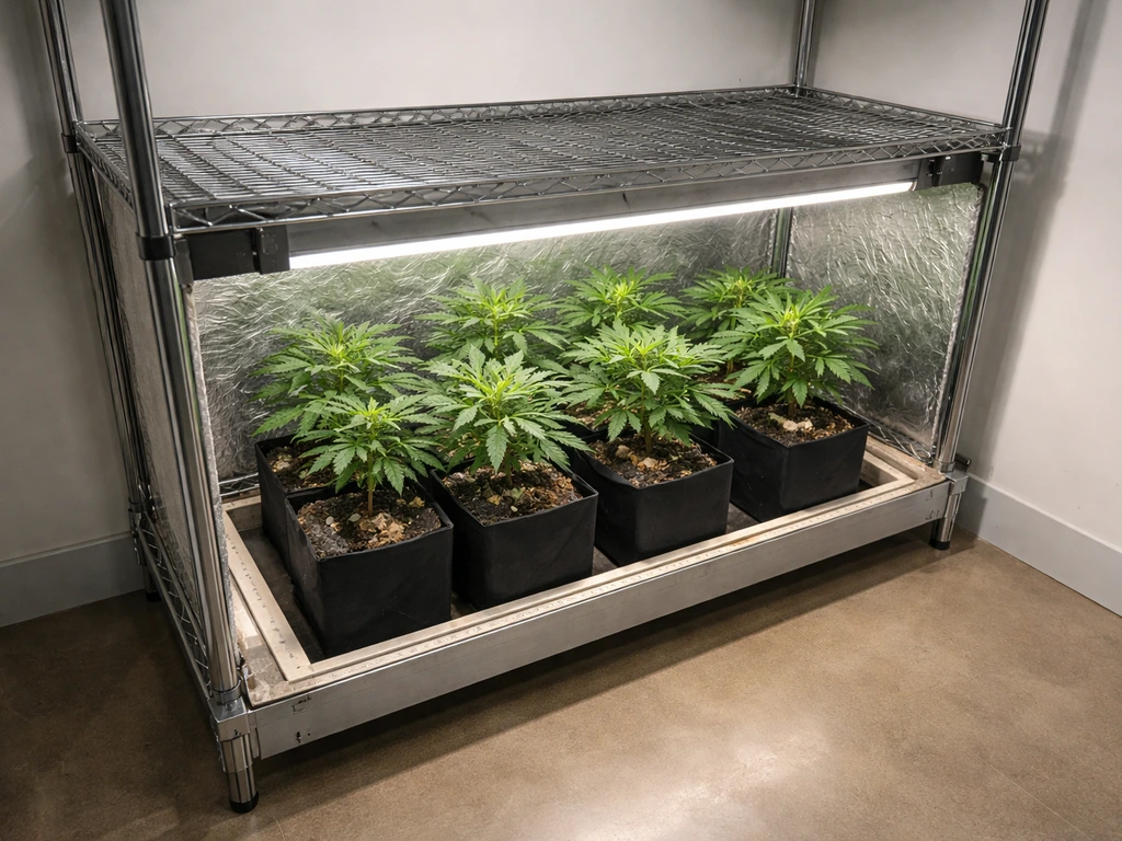 Top-down view of a small, bounded indoor grow canopy area on shelving with subtle measurement cues.