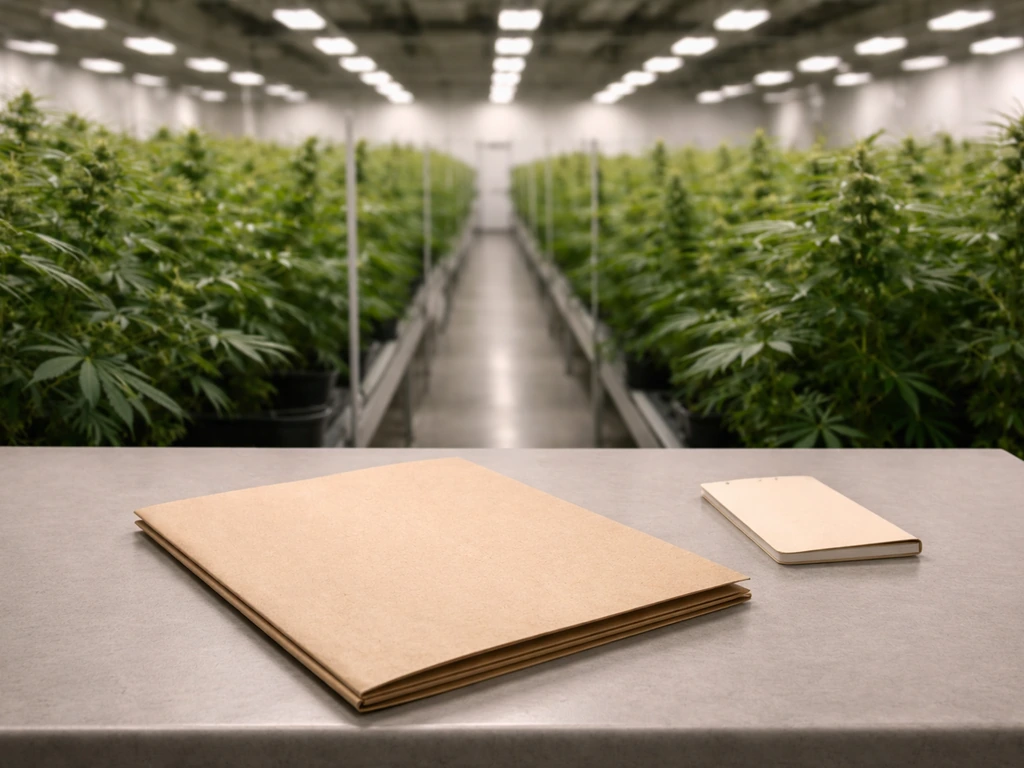 Cannabis cultivation facility interior with a tax-credit style folder on a desk