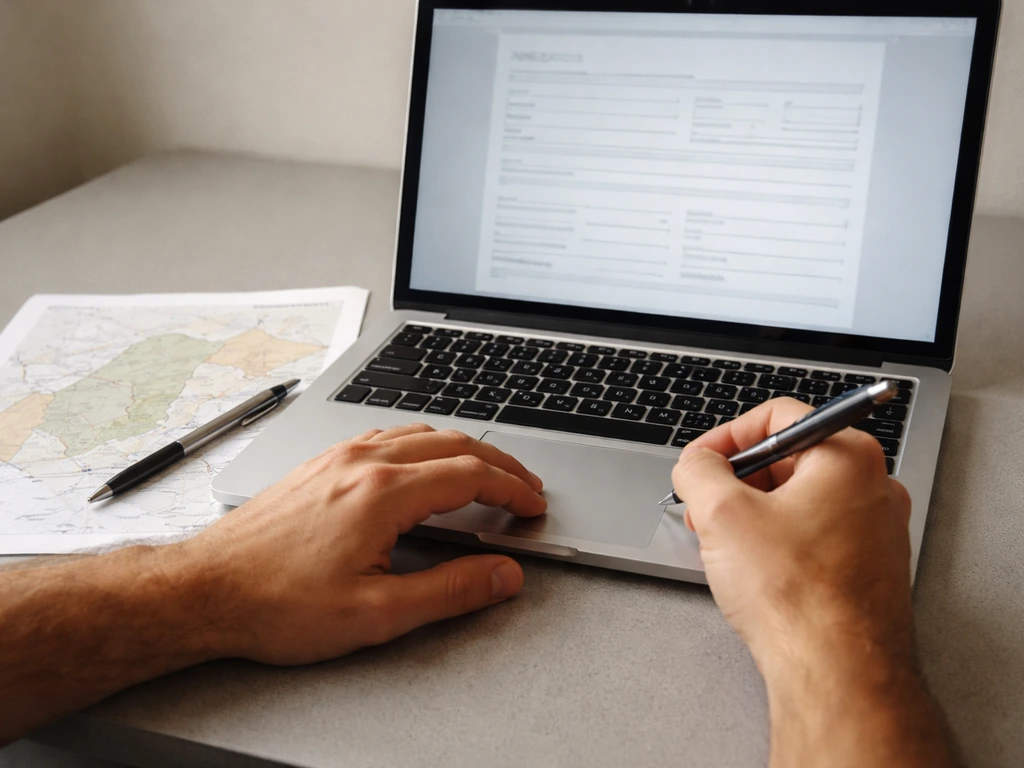 Hands entering a generic application on a laptop beside a simple qualified-area site map on a desk.