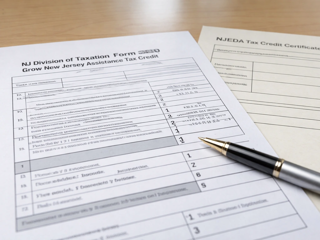 Close-up of Form 320 being filled beside an NJEDA certificate on a desk with pen and checkboxes visible.
