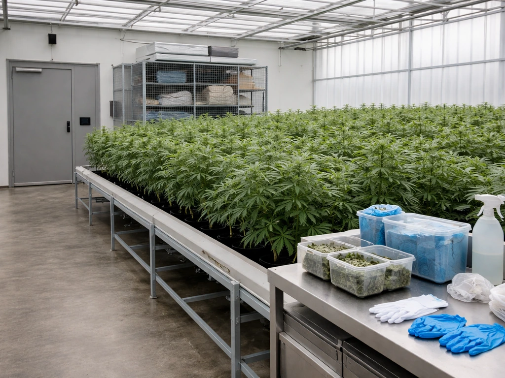 Minimal greenhouse interior with healthy cannabis plants, closed secure door, and compliance preparation items.