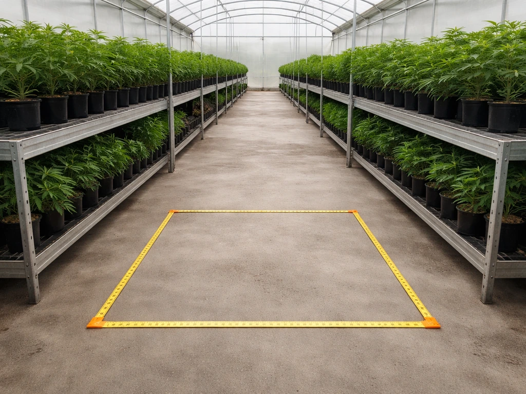 Minimal greenhouse cultivation bay with racks and a floor measurement tape showing canopy area concept.