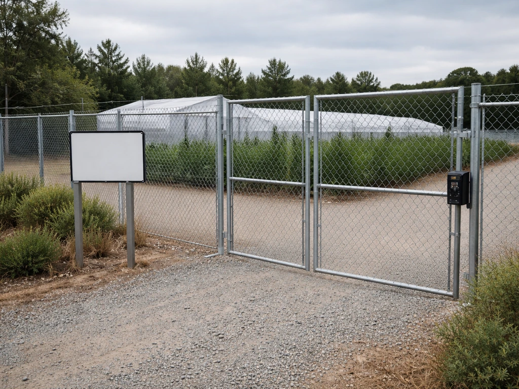 Secure fenced entrance to a cannabis grow facility with zoning-style signage and boundary markers.