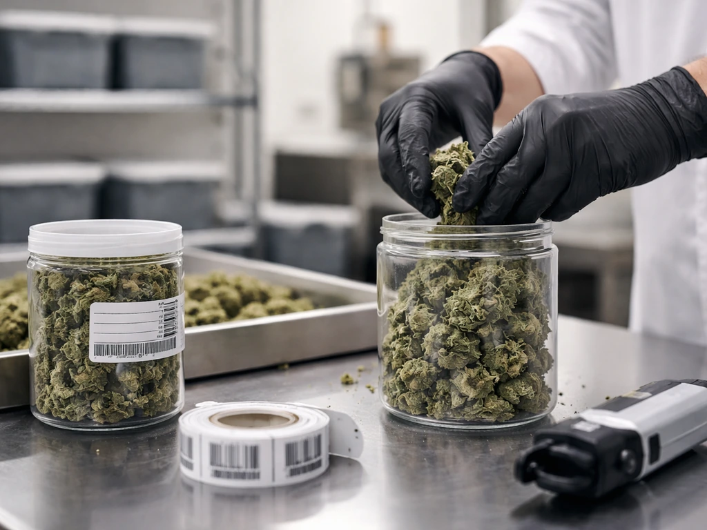 Close-up of a cannabis harvest batch being packaged with a barcode label at a clean production workstation.