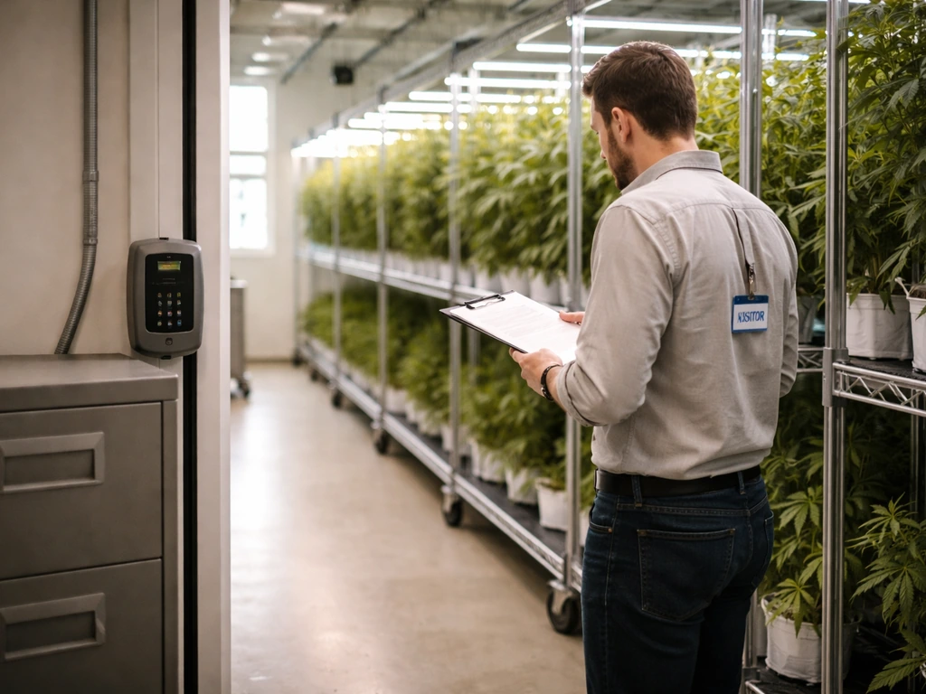 Regulator inspector in a cultivation facility checking plant count area and secure records with a clipboard.