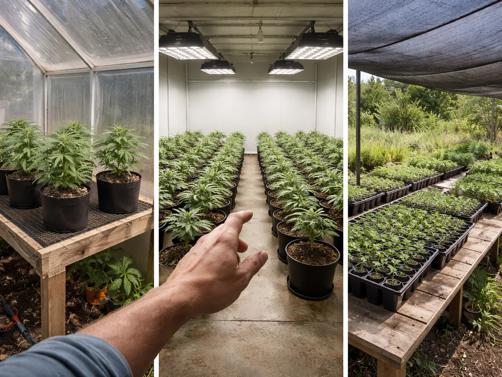 Three separate cultivation-area examples: small micro grow bench, medium indoor room, and outdoor nursery seedlings.