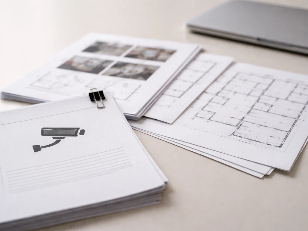 Documents and floor-plan sheets laid out on a desk as if preparing site evidence for a license application.