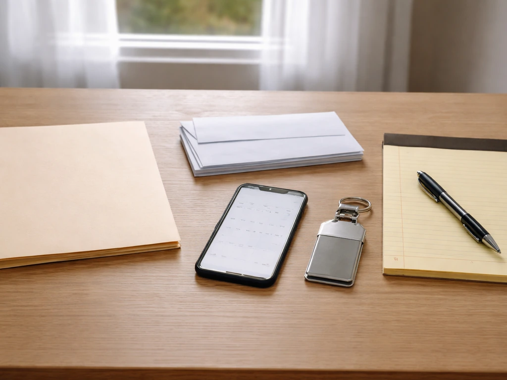 Minimal desk scene with folders, blank invoices, and a phone calendar implying application costs and timelines.