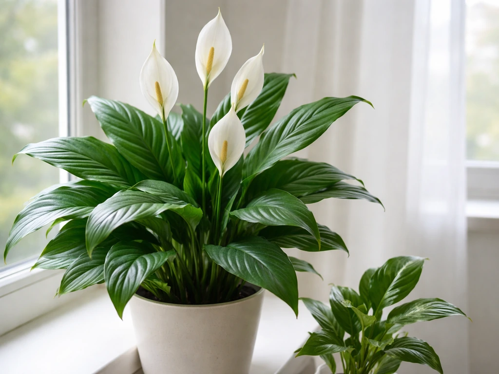 Healthy peace lily with white blooms in bright indoor indirect light, lush leaves in a simple pot.