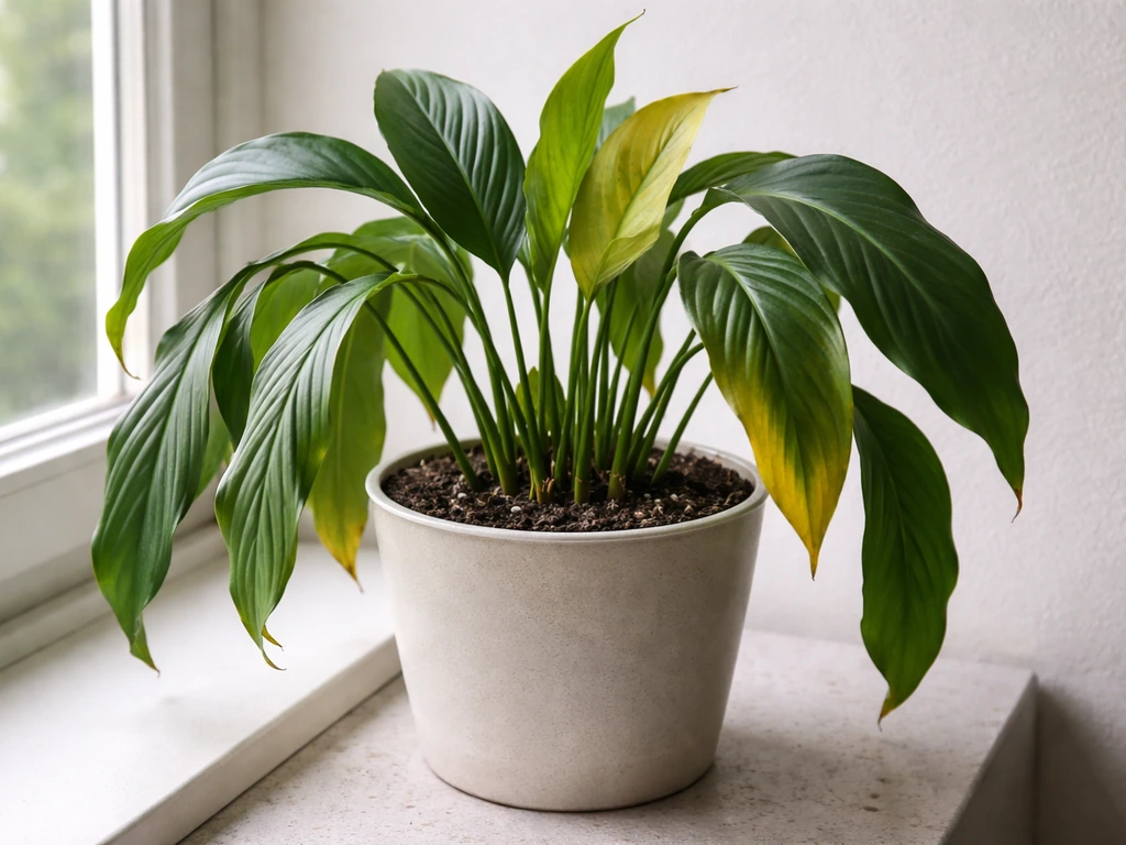 Minimal photo of a peace lily showing drooping and yellowing leaves as an example of “won’t grow.”