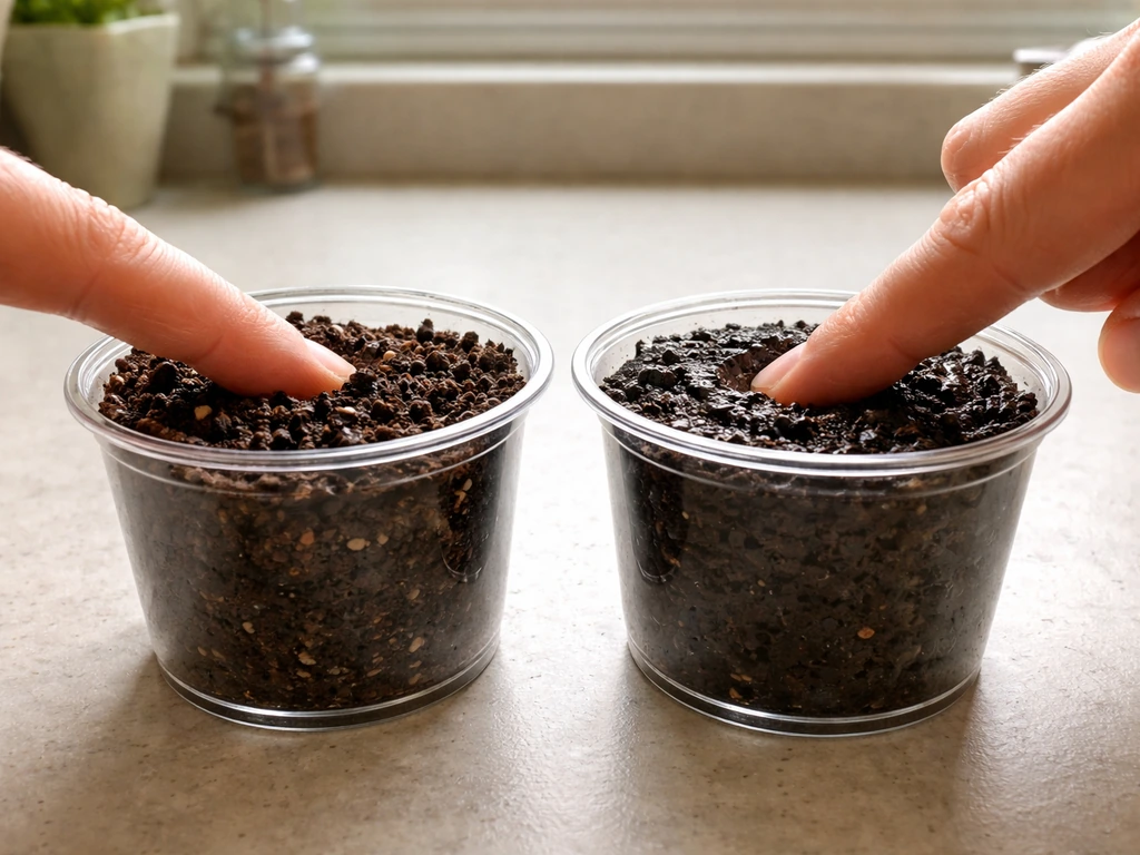 Hand doing a finger soil moisture test in two pots showing moist vs soggy soil.
