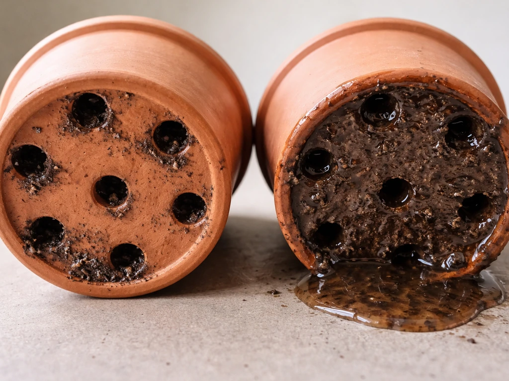 Bottom view of two plant pots: one with clear drainage holes and one with water pooling inside.