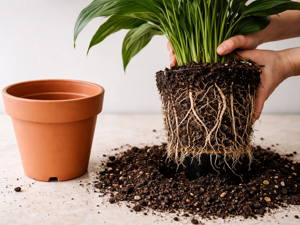 Peace lily lifted from a crowded pot, roots visible, being placed into a new pot with fresh mix.