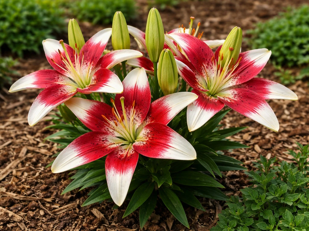 Close-up of red and white lily blooms in a warm Texas garden bed with visible green growth